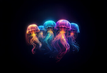 Five glowing jellyfish of different colors float in a dark background.