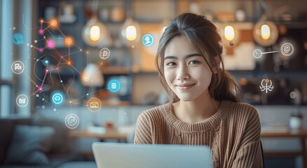 Young woman using laptop at home for online learning and studying. Modern technology and networking concept. Digital education and virtual connections. AI support for students