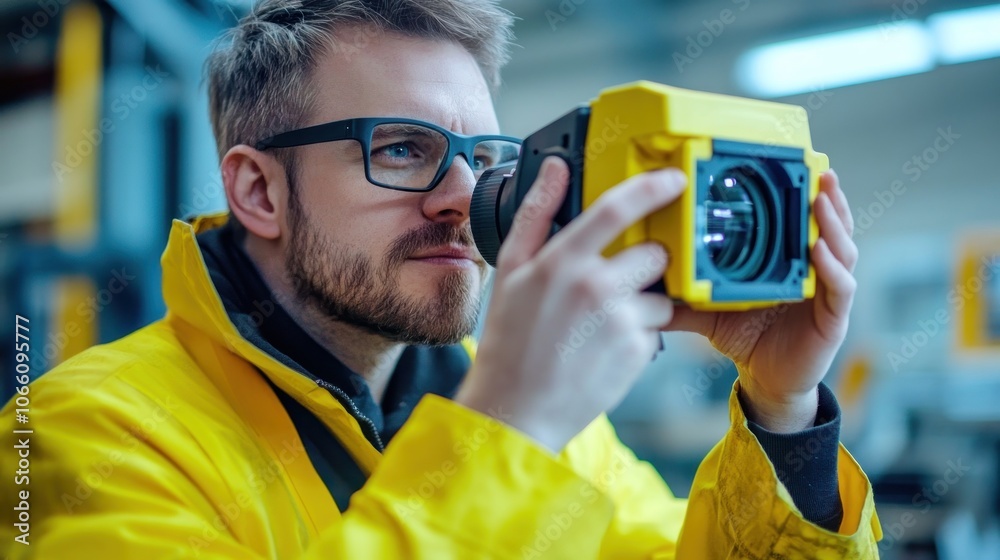 Poster a man in a yellow jacket looking through a device