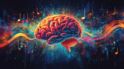 A colorful abstract illustration of a human brain surrounded by musical notes and waves.