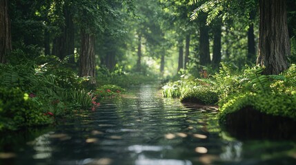 Fototapeta premium A Sunlit Stream Through a Lush, Green Forest