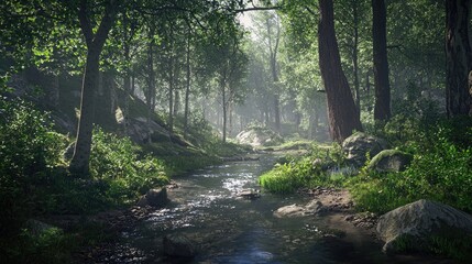 Obraz premium A Stream Winding Through a Dense Green Forest