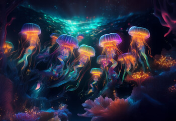 A vibrant underwater scene featuring bioluminescent jellyfish swimming among colorful coral reefs.