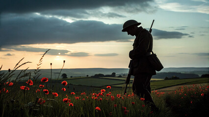 Silhouette of a World War Two soldier standing in a poppy field at sunset with copy space