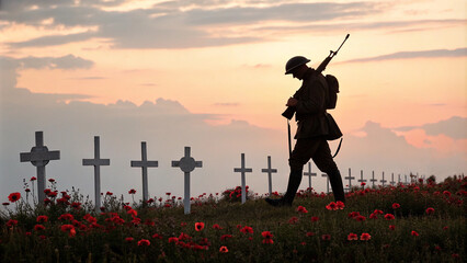 Silhouette of a World War Two soldier standing amongst crosses and poppies at sunset with copy space