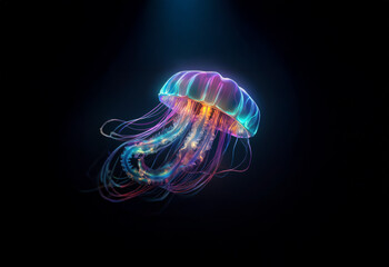 Obraz premium A glowing jellyfish with iridescent colors floats in the dark.