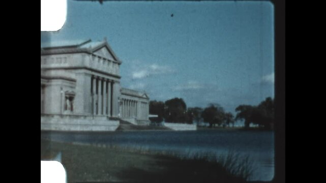 Chicago Museum of Science and Industry 1957 - Viewing the Chicago Museum of Science and Industry from across Columbia Basin in Jackson Park, 1957.
