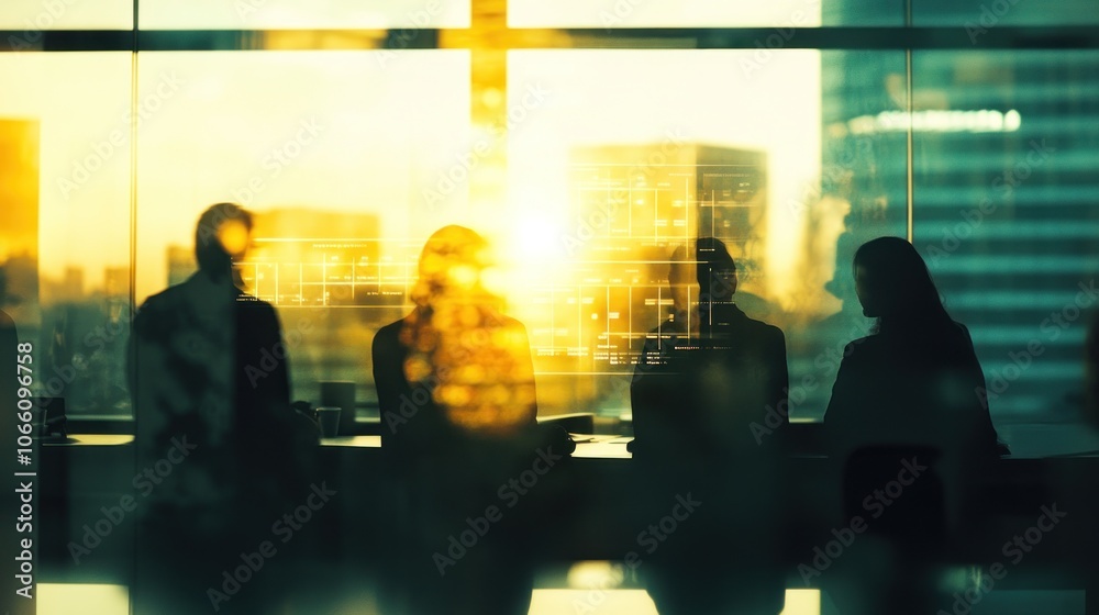 Poster silhouettes of people in a modern office setting with a blurred digital interface and sunlight