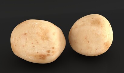 Two young fresh potatoes isolated on black background