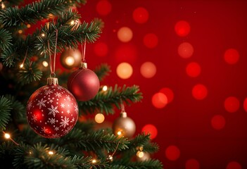 Obraz premium Red new year decoration on a red background with empty text space.