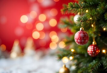 Obraz premium New Year decorations tree on snowy and red background with place for text.