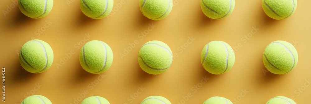 Aufkleber Multiple tennis balls are arranged in a grid pattern on a vibrant yellow backdrop, creating a visually appealing and sporty composition