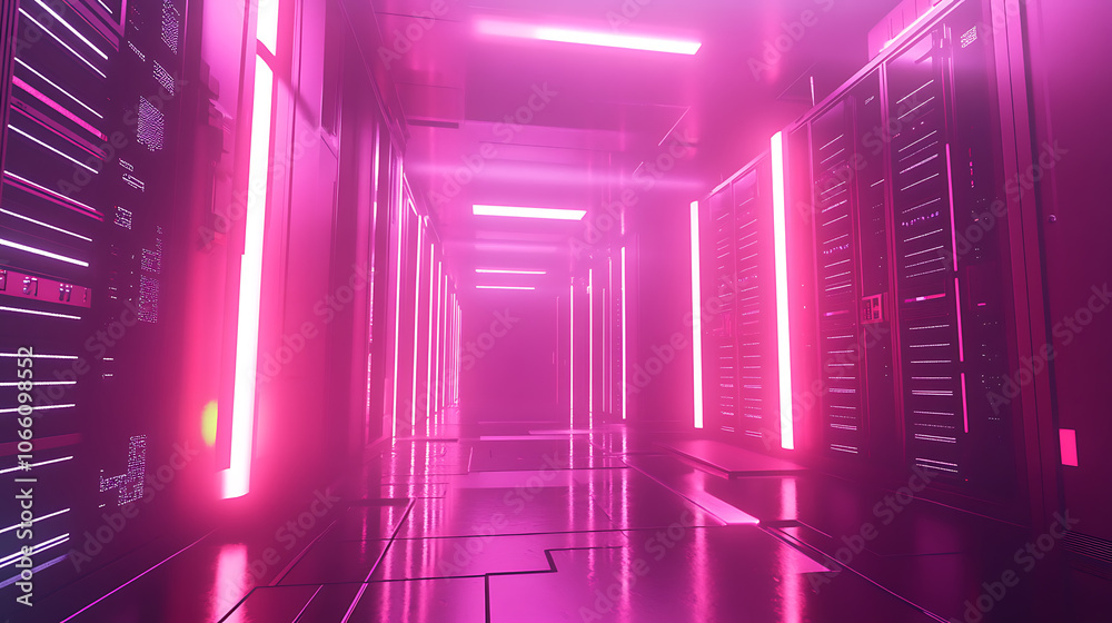 Poster a futuristic neon-lit data center server room, with glowing pink and purple lights reflecting on sle