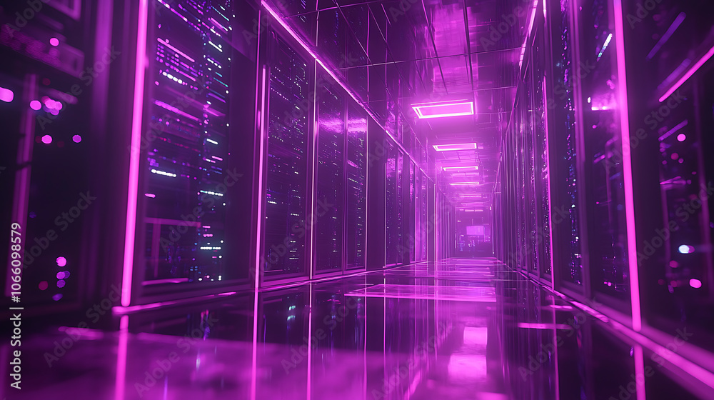 Poster a futuristic neon-lit data center server room, with glowing pink and purple lights reflecting on sle