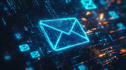 A glowing blue mail icon surrounded by streams of digital data, symbolizing the fast flow of electronic communication in a virtual, futuristic digital world