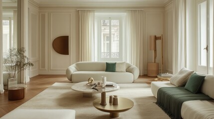 Fototapeta premium Modern Living Room Interior Design with White Sofas, Gold Accents, and a Large Window
