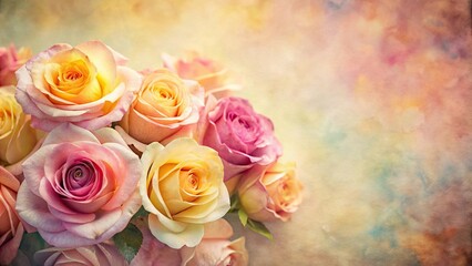 Obraz premium Soft and blur sweet color roses on mulberry paper texture for background , romantic, pastel, floral, delicate, whimsical