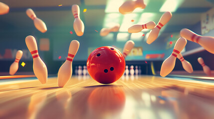 A bowling ball strike with falling pins is illustrated