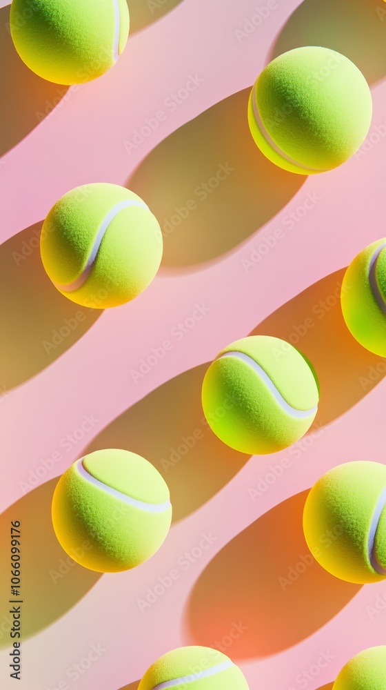 Aufkleber Multiple tennis balls arranged in a diagonal pattern cast shadows on a pink background, creating a dynamic and sporty visual