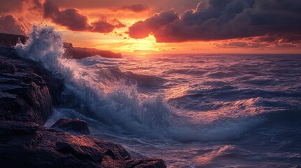 Fototapeta premium Dramatic sunset over a stormy sea with crashing waves against a rocky coast.