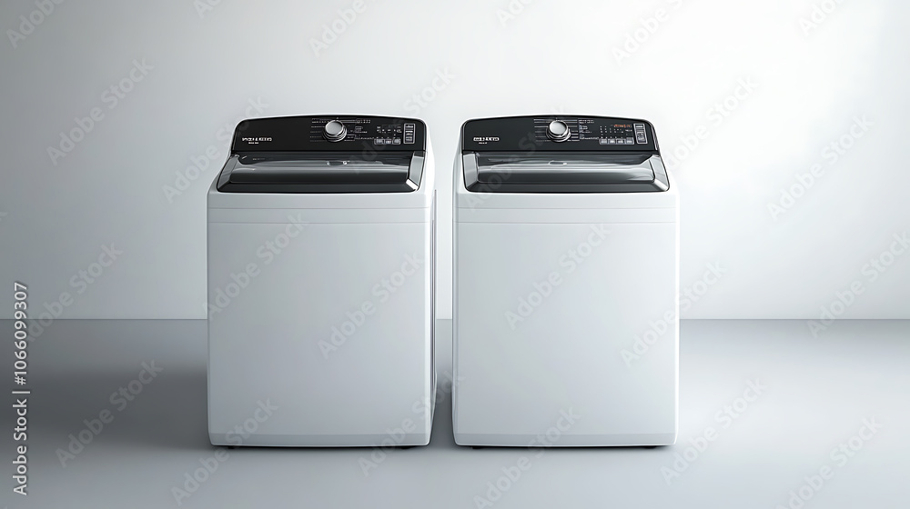 Poster washing machines with top and front loads against a white background