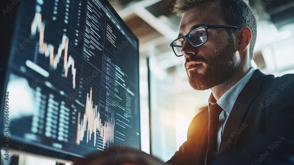 Poster focused businessman analyzing financial data on computer screen