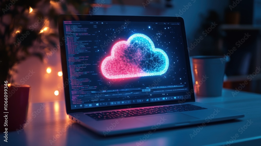 Poster a laptop displaying a digital cloud symbol on a nighttime desk