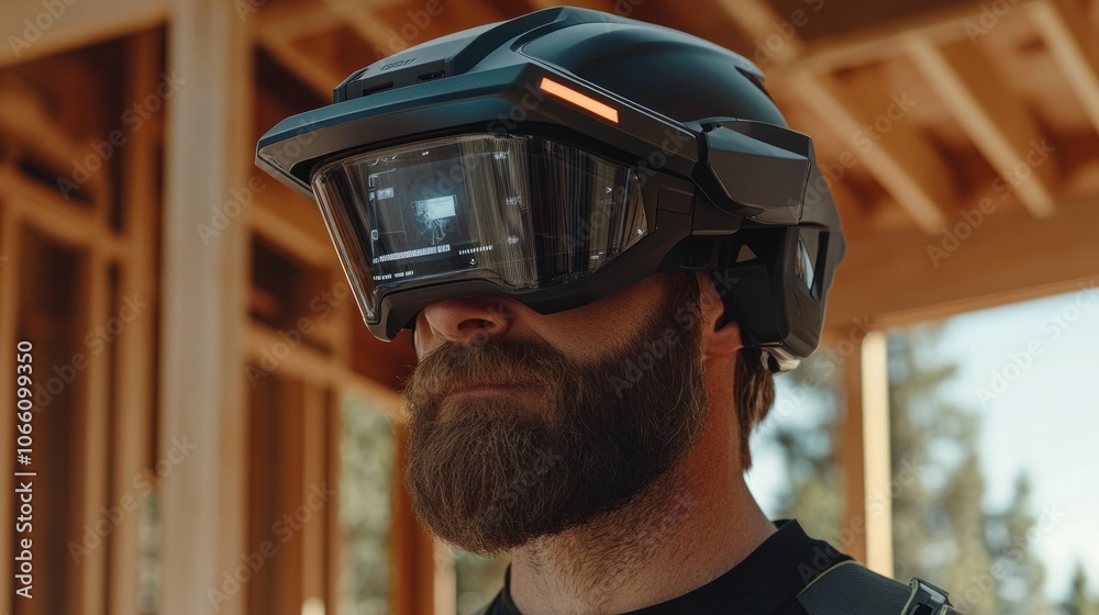 Poster Man Wearing a Futuristic Augmented Reality Helmet with a Display