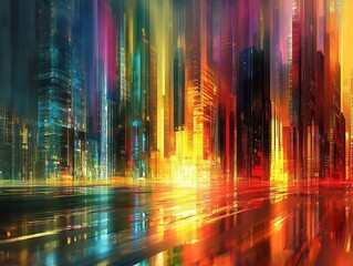 Fototapeta premium Abstract cityscape with vibrant lighting, sleek buildings, dynamic movement, modern design, photo-realistic