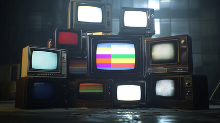 stack of various television sets from the 1970s with a test pattern displayed on the screen, static, fuzzy digital screen background