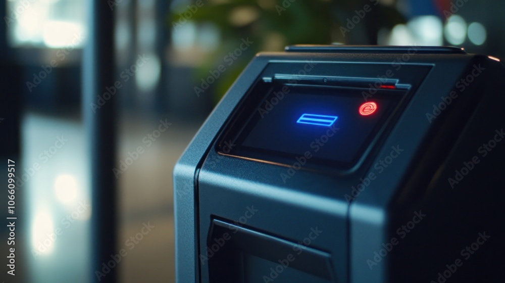 Poster Close-up of a Modern Security Gate with a Blue Light and Red Indicator