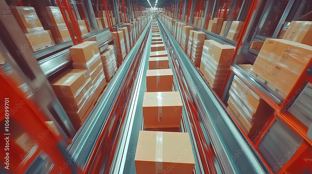 Leinwandbilder overhead view of cardboard boxes moving on automated conveyor belt efficient distribution center 3d rendering