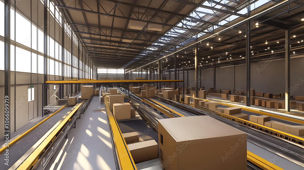 Poster overhead view of cardboard boxes moving on automated conveyor belt efficient distribution center 3d rendering
