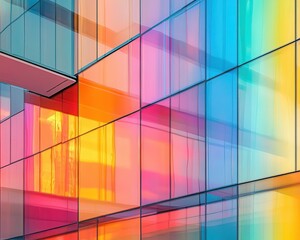 Fototapeta premium Abstract reflections in glass with vibrant colors, soft lighting, sleek modern architecture, dynamic composition