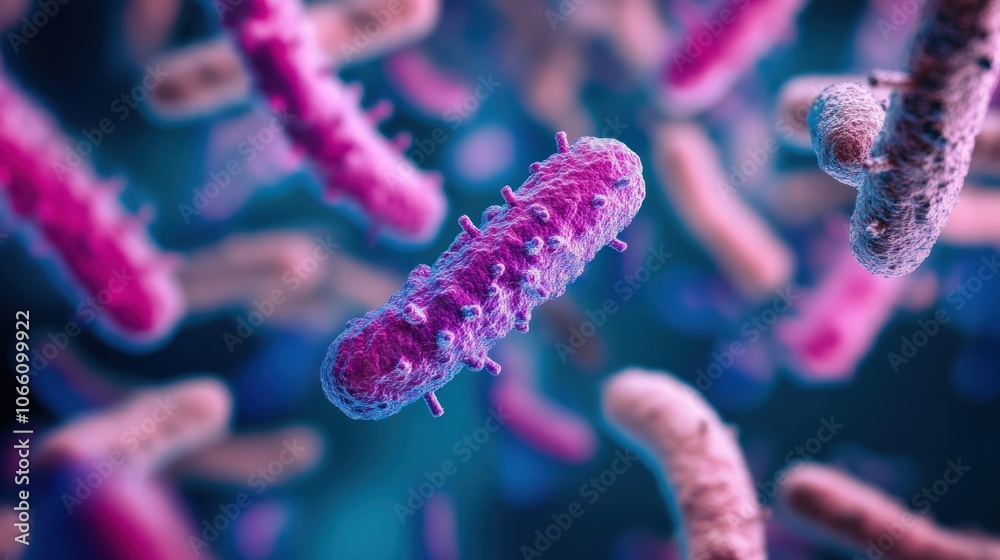 Poster close-up of a single purple bacterium with a blurred background of other bacteria