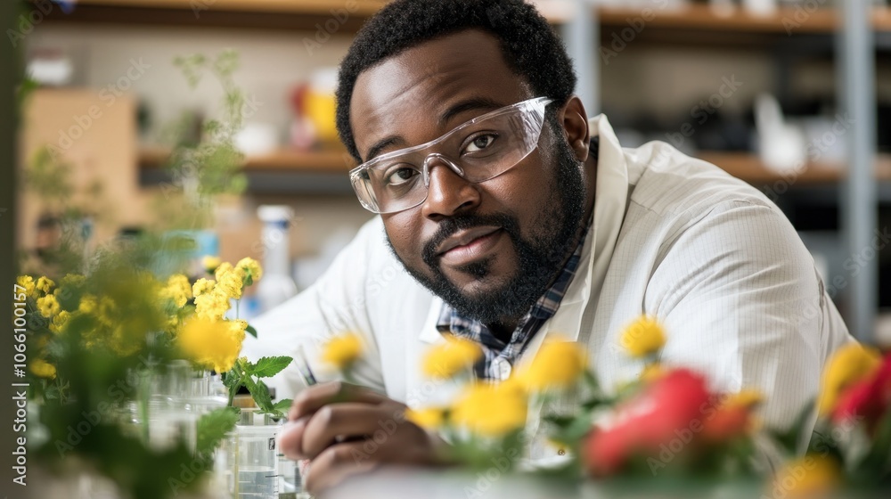 Poster A Close-up of a Male Scientist with a Serious Expression in a Lab Setting