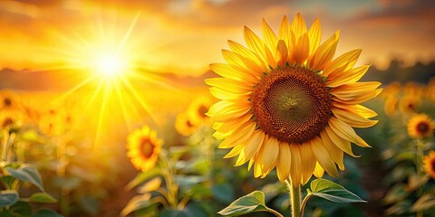 Fototapeta premium Sunflower blossoming in golden sunlight, sunflower, blossom, yellow, petals, bloom, vibrant, flora, nature, growth, summer