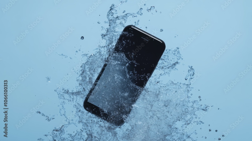 Poster water splashes around a smartphone on a light blue background, creating a dynamic scene that suggest