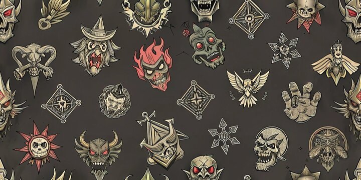 Dark fantasy tattoo-inspired skulls and symbols pattern
