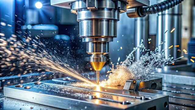 Metalworking CNC milling machine in use cutting metal, manufacturing, technology, machining, precision, industry