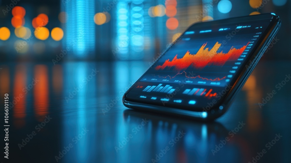 Poster smartphone displaying stock market data with a blurred cityscape background