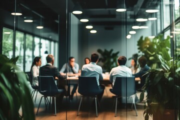 Obraz premium Blurry Business Meeting in a Modern Office Behind a Glass Wall Partition - Corporate and Teamwork Concept