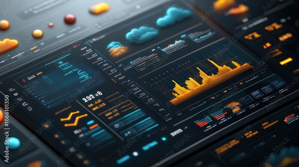 Poster Futuristic Digital Interface with Data Visualization and Cloud Symbols