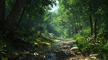 Fototapeta premium A Stream Winding Through A Dense, Lush Jungle