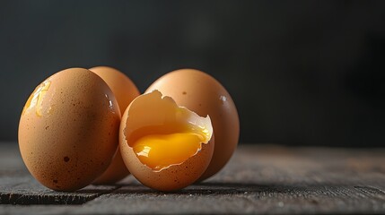 Close-up of fresh brown eggs. One with cracked shell revealing yolk on rustic wooden surface. World Egg Day celebration, nutrition themes and farm-to-table concepts