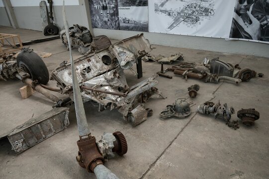 fragments and remains of an old American twin-engine Lockheed P-38 Lightning aircraft