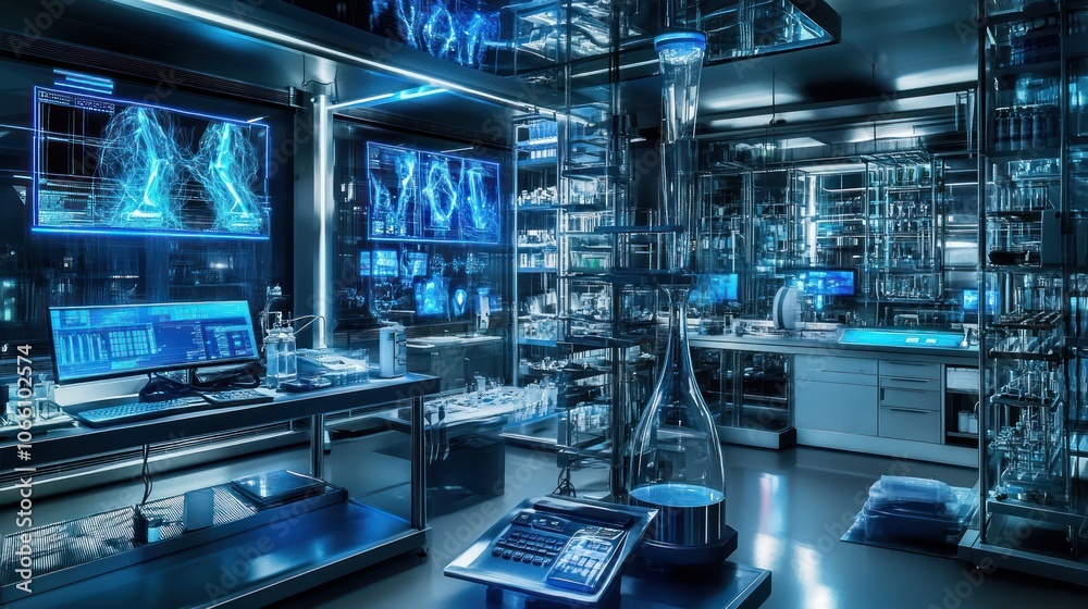 Poster Futuristic Laboratory with Glassware and Monitors Displaying Data