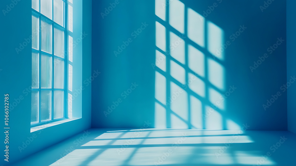 Poster Minimalistic simple abstract light blue background for product presentation, Shadow and light from windows on wall