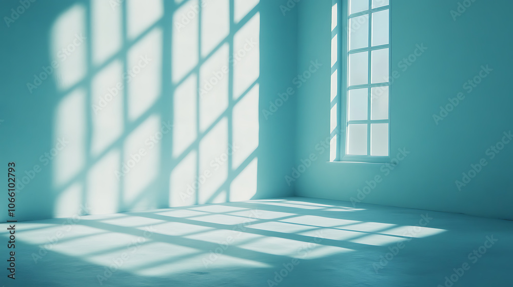 Poster Minimalistic simple abstract light blue background for product presentation, Shadow and light from windows on wall