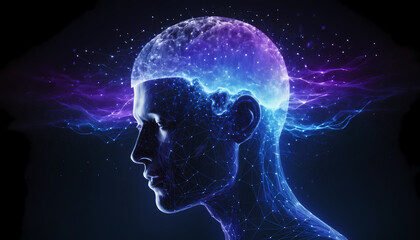 A human head with a glowing brain, symbolizing intelligence and thought.